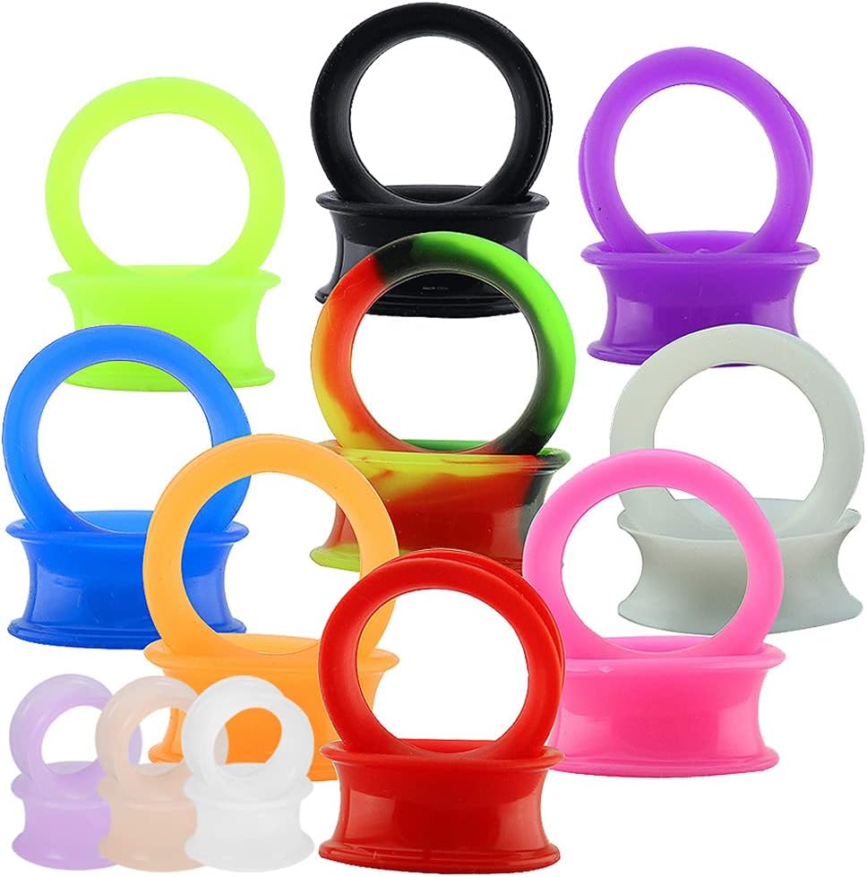 ZeSen Jewelry 12 Pairs Silicone Flexible Thin Ear Plugs Tunnels Double Flared Expander Ear Gauges Piercing