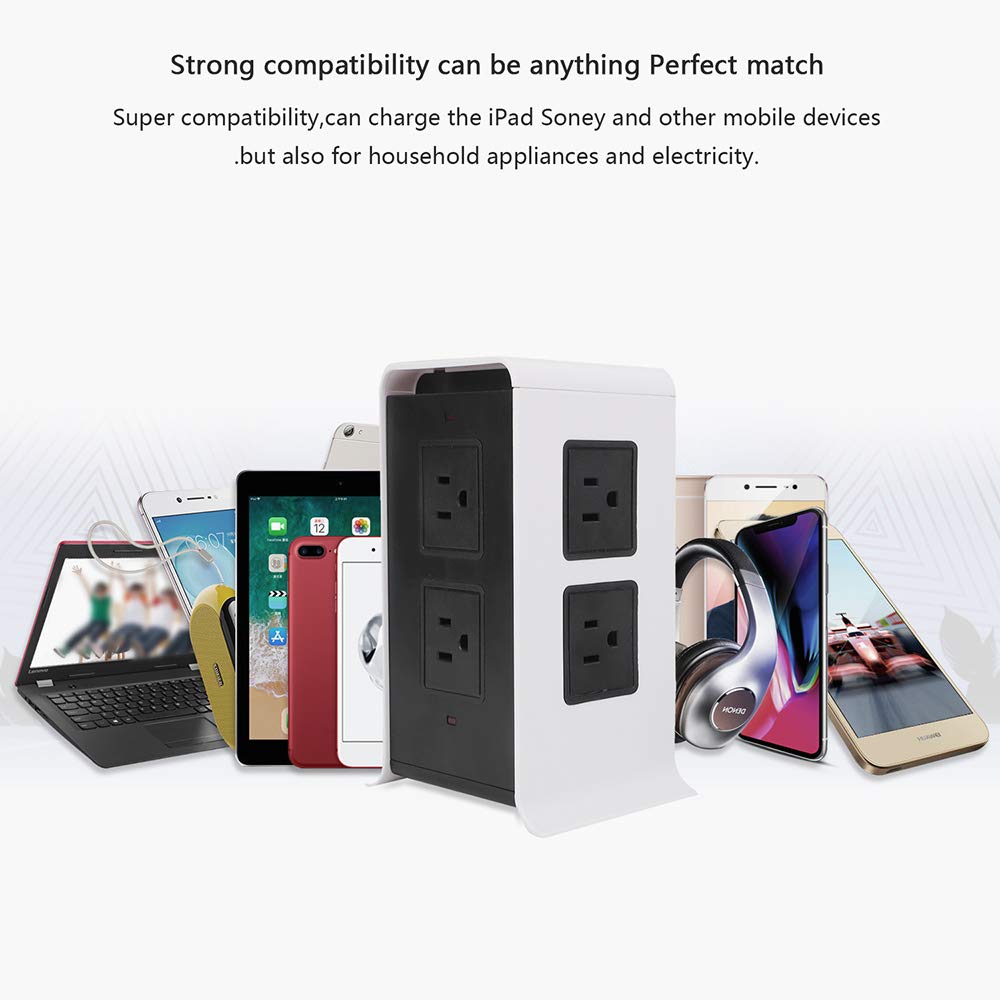 Power Strip Tower Surge Protector Electric Charging Station 10Ft Cord Wire Extension 3000W 13A 16AWG 8 Outlet Plugs with 4 USB Slot Universal Socket for PC Laptops Mobile