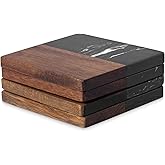 Marble Coasters: 4-Piece Set of Acacia Wood Marble Coasters, Suitable for Kitchens, Offices, and can be Used as Gifts (Black Square)