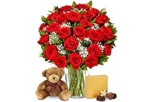 From You Flowers - Two Dozen Long Stemmed Red Roses with Chocolates & Bear with Glass Vase | Fresh Flower Bouquets for Birthday, Anniversary, Get Well or Celebration