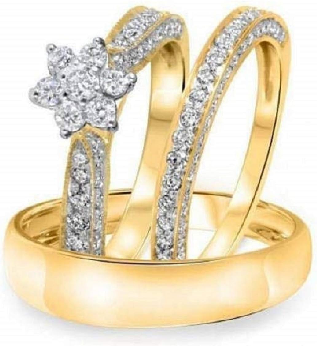 14k Yellow Gold Finish Simulated Diamond His & Her Engagement Wedding Cluster Flower Trio Ring Set for Women & Men