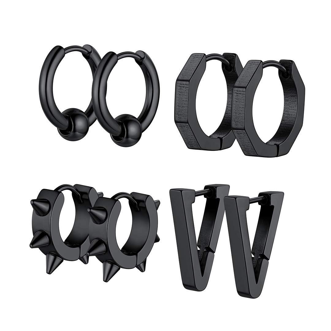 GoldChic Mens Black Stainless Steel Small Huggie Earrings Beads Spike Triangle Octagon Hoop Hip-Hop Punk Rap Pierced Hypoallergenic Earrings Men's Jewellery Gift 4 Piece Set