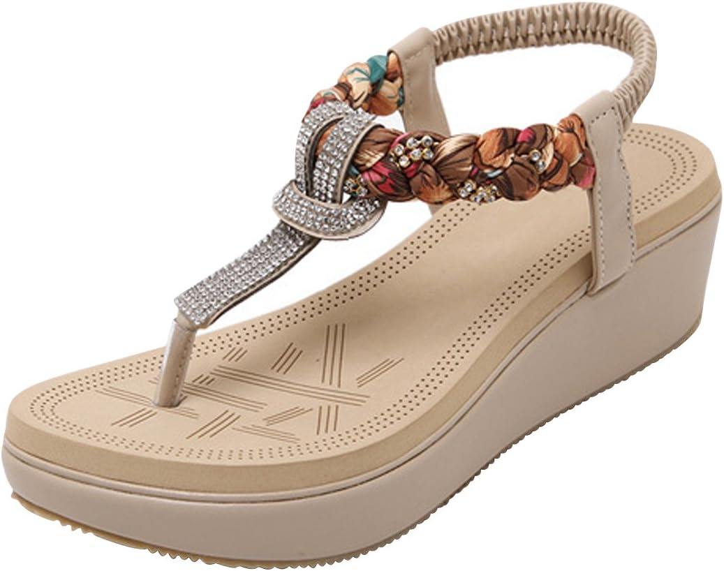 LUXINYU Women's Bohemian Platform Sandals Rhinestone Bead Wedge Shoes Thong Sandal