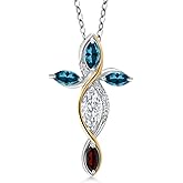 Cross Necklace For Women In 925 Silver and 10K Yellow Gold with Moissanite and London Blue Topaz and Garnet | 1.58 Cttw | Jesus Christian Religious Crucifix | Marquise 8X4MM | With 18 Inch Chain