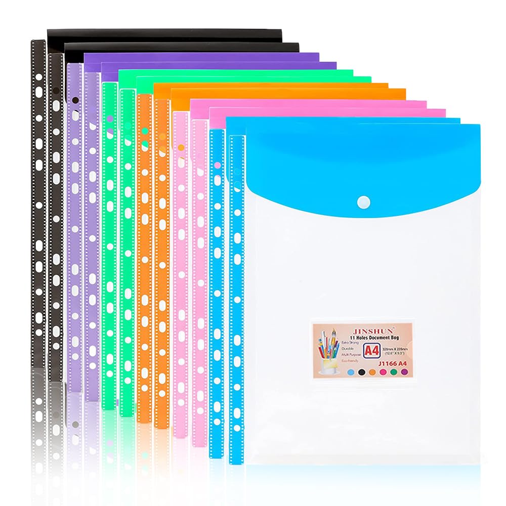 12 Packs A4 File Folders - Plastic Wallets Folders Colourful File Pockets with Button and Tab Card Plastic Envelope File Folders for School Office Receipt of Bills Document