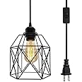 Industrial Plug in Pendant Light, Black Cage Pendant Light Fixture with On/Off Switch, E26 Socket Vintage Hanging Light, Farmhouse Pendant Lighting for Kitchen Living Room Dining Room