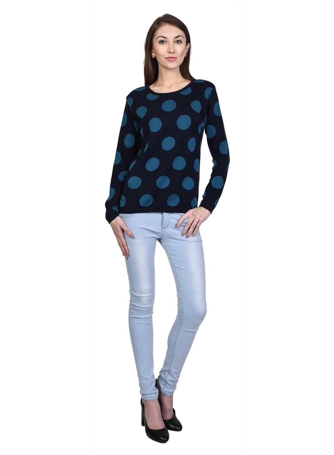 kalt women's round neck full sleeve polka cotton blend jacquard sweater (multicolour, small)