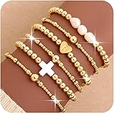 Tyebiva Gold Beaded Bow Heart Paperclip Pearl Stack Bracelet Set for Women, 4Pcs Handmade Golden Beads Pearls Stretch Stackable Bracelets Party Jewelry Accessories Gift