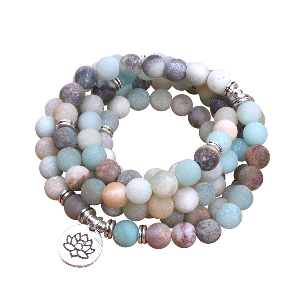'Shanti by Mira' Gemstone Jap Mala 108 Beads + 1 - Handmade Spiritual Protection Worry Stones for Crystal Healing Reiki Therapy Targeted Chakra Energy ('Warrior' Amazonite Lotus Charm Mala Bracelet)