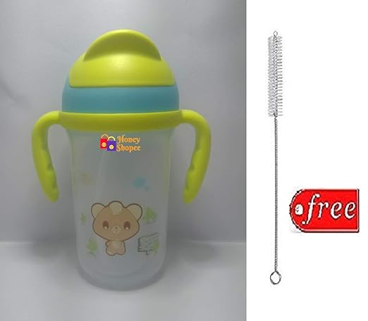Honey Shopee Spill-Proof Unbreakable Transparent Soft Straw Sipper Cup Water Bottle with Handles -Green - 350ML and Straw Brush Free