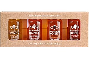 Bee Harmony Classic Honey Flight, Mini Honey Gift Set, 4 Jars, 3 OZ Each, Premium, Raw, Made in the USA
