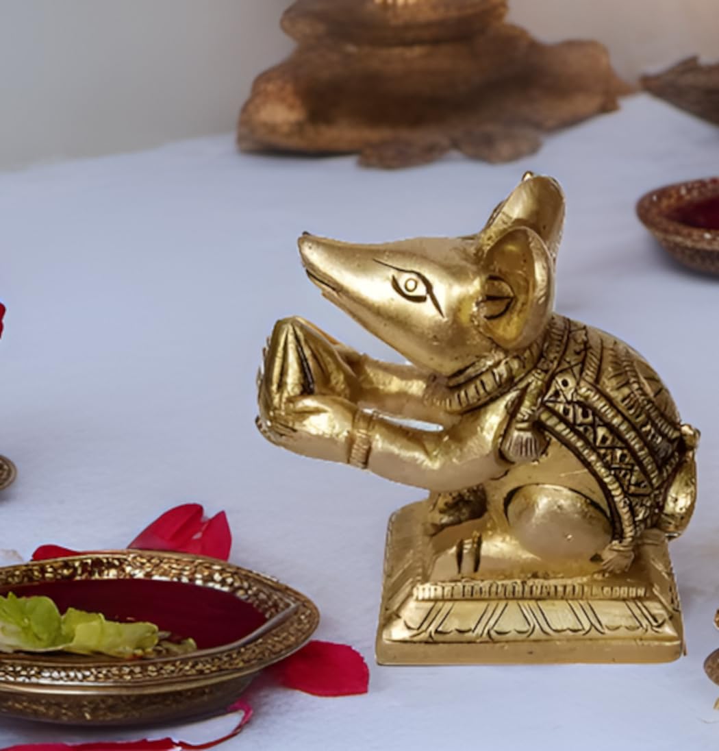 Purpledip Brass Statue Ganesha Vahana Mooshak: Collectible Idol Mouse With Modak (12262)