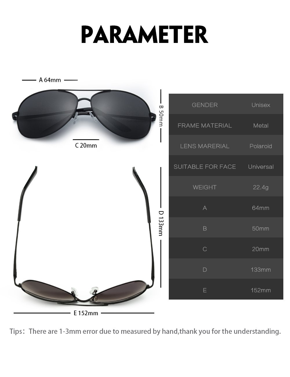 IALUKU Aviator Sunglasses Polarized for Men Classic Pilot Metal Frame UV400 (Black / Grey, 64mm)