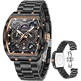 OLEVS Watches for Men Analog Quartz Luxury Diamond Waterproof Chronograph Stainless Steel Big Face Square Date Moon Phase Roman Numeral Dress Watch for Men