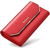PORRASSO Wallet Women's Leather Purse Card Holder Organizer RFID Blocking Ladies Long Wallet Coin Purse Red