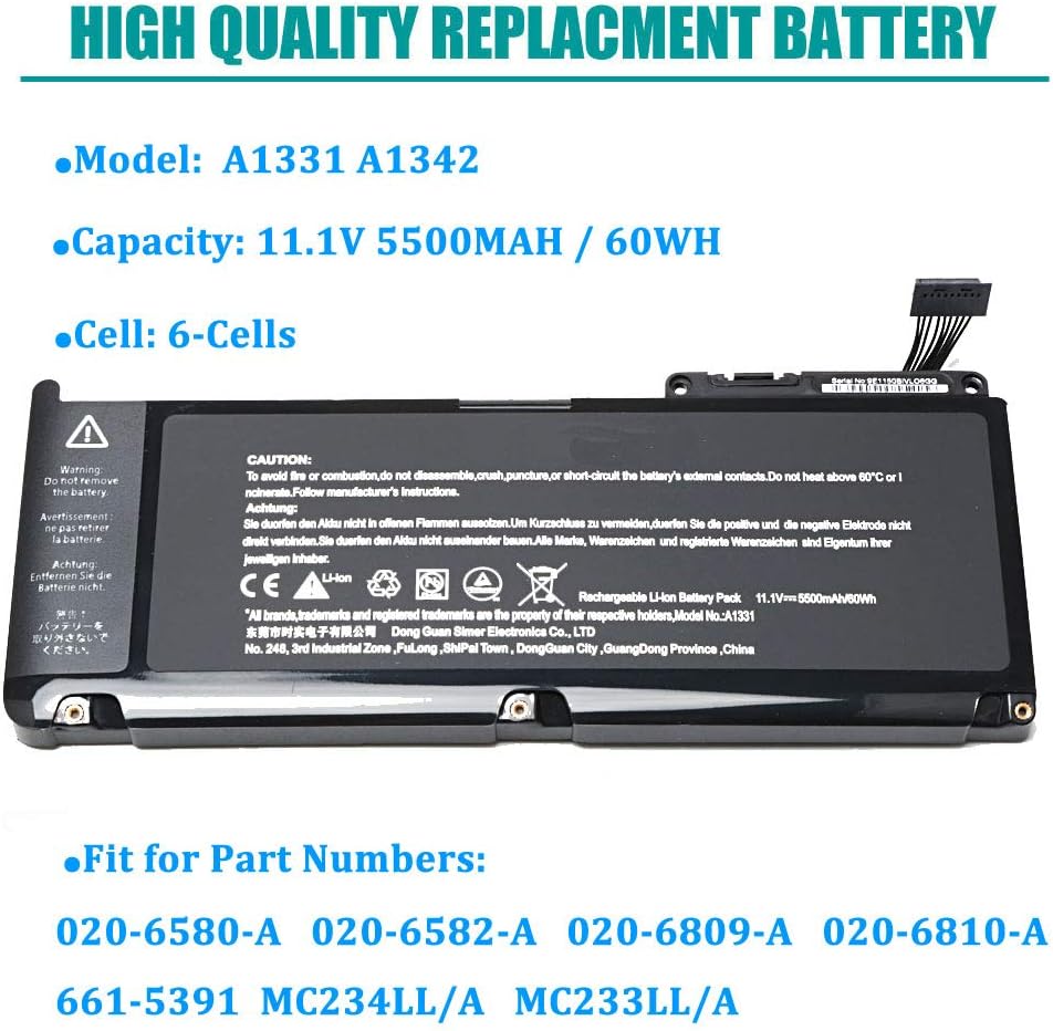 Batteries Electronics 60wh 10 95v Late 09 Mid 10 Fits 661 5391 0 65 A Mc233ll A Mc7ll A Mc516ll A Ankon A1331 Laptop Battery For Apple Macbook Unibody 13 A1342