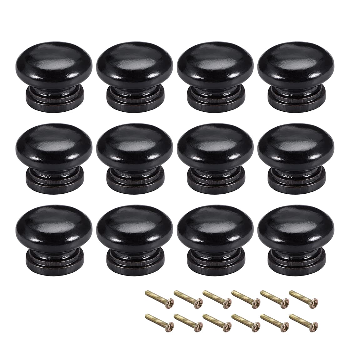 sourcing map Round Wood Knobs,12Pcs 34mm Dia Cabinet Furniture Kitchen Pulls Handles for Dresser Drawer Wardrobe, Black