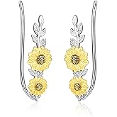 KINGWHYTE Ear Climbers Earrings for Women 925 Sterling Silver Daisy/Sunflower Earrings Hypoallergenic Crawler Cuff Earrings Birthday Christmas Jewelry Gifts for Wife Mom Her