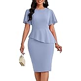 FANDEE Women's Wear to Work Midi Dress Business Church Ruffle Flared Short Sleeve Cocktail Crew Neck Pencil Dress