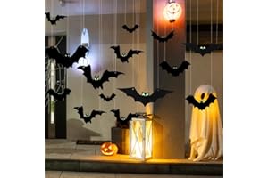 AKEROCK 24 PCS Hanging Bats Halloween Decorations Outdoor, Large Flying with 75 Pairs of Glow-in-The-Dark Eyes Stickers and 1 Roll Fishing Line for Tree Porch - Outside Decor, Black