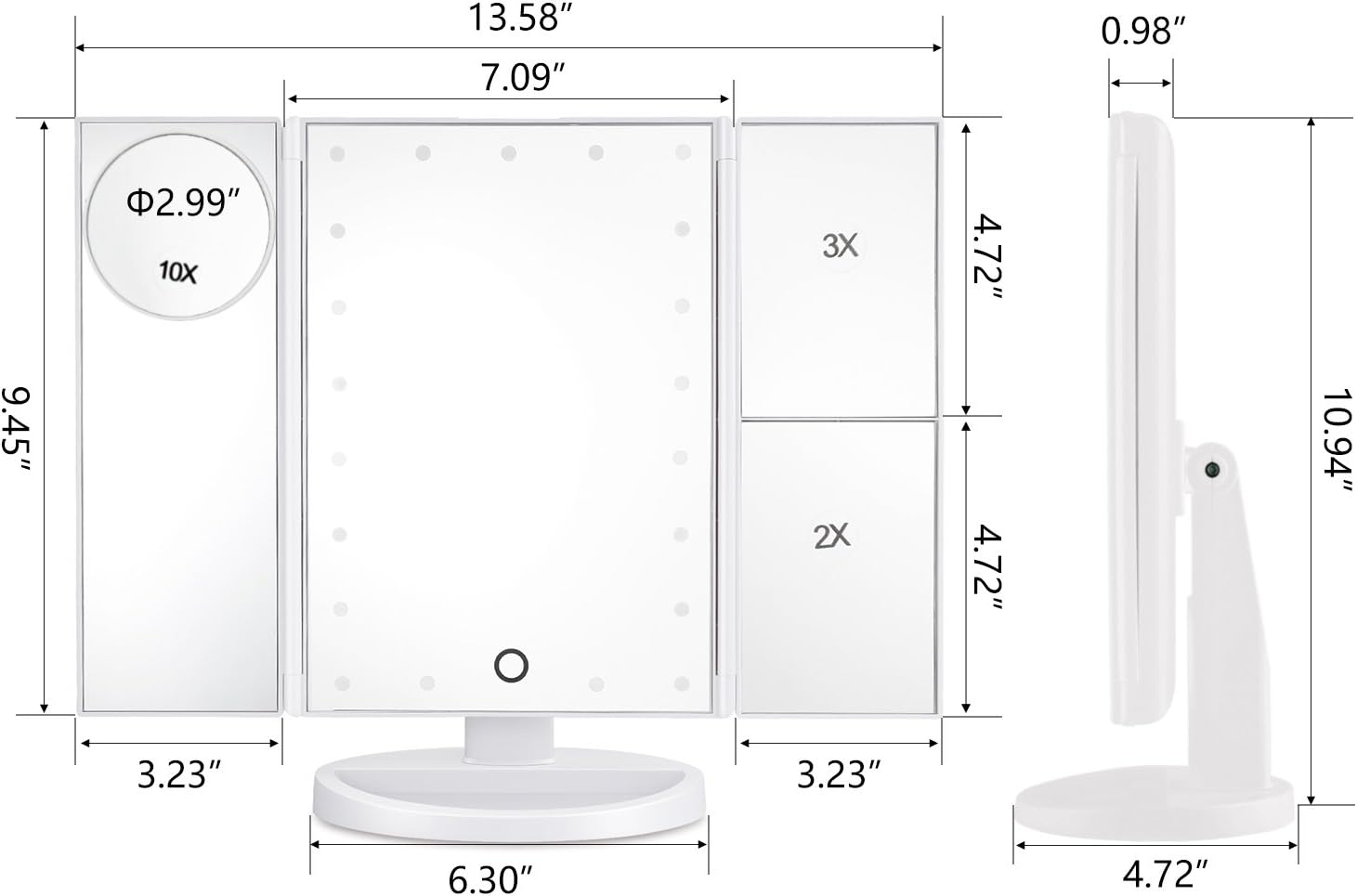 Magicfly Vanity Mirror Lighted Makeup Mirror 10X 3X 2X 1X Magnifying Mirror with 21 LED Lights, Trifold Mirror with Touch Screen, Adjustable Brightness & Stand, Dual Power Supply Mode, White -