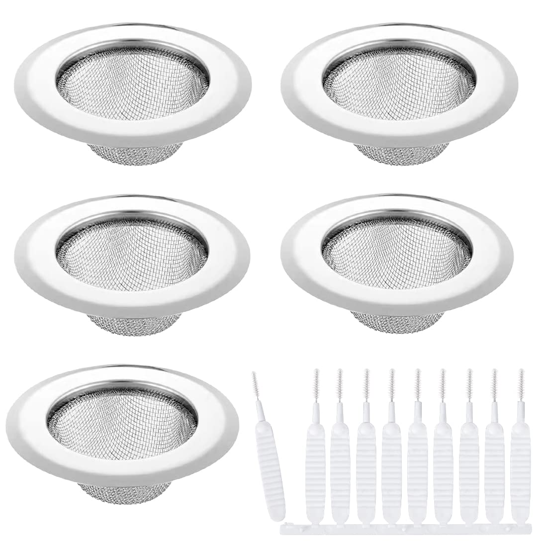 Voyyphixa 5 PCS Stainless Steel 10 Mini Cleaning Brush Bathroom Shower Hair Filter Catcher Drain Cover Kitchen Sink Plug Strainer Hole Cover 4.5" Diameter Large Sink Drain Strainer