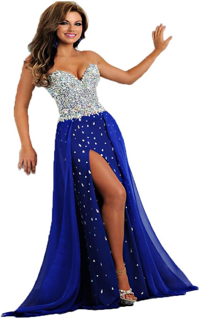 Amazon.com: PHSOAR Women's Royal Blue Long Chiffon Crystals Prom Dresses: Clothing