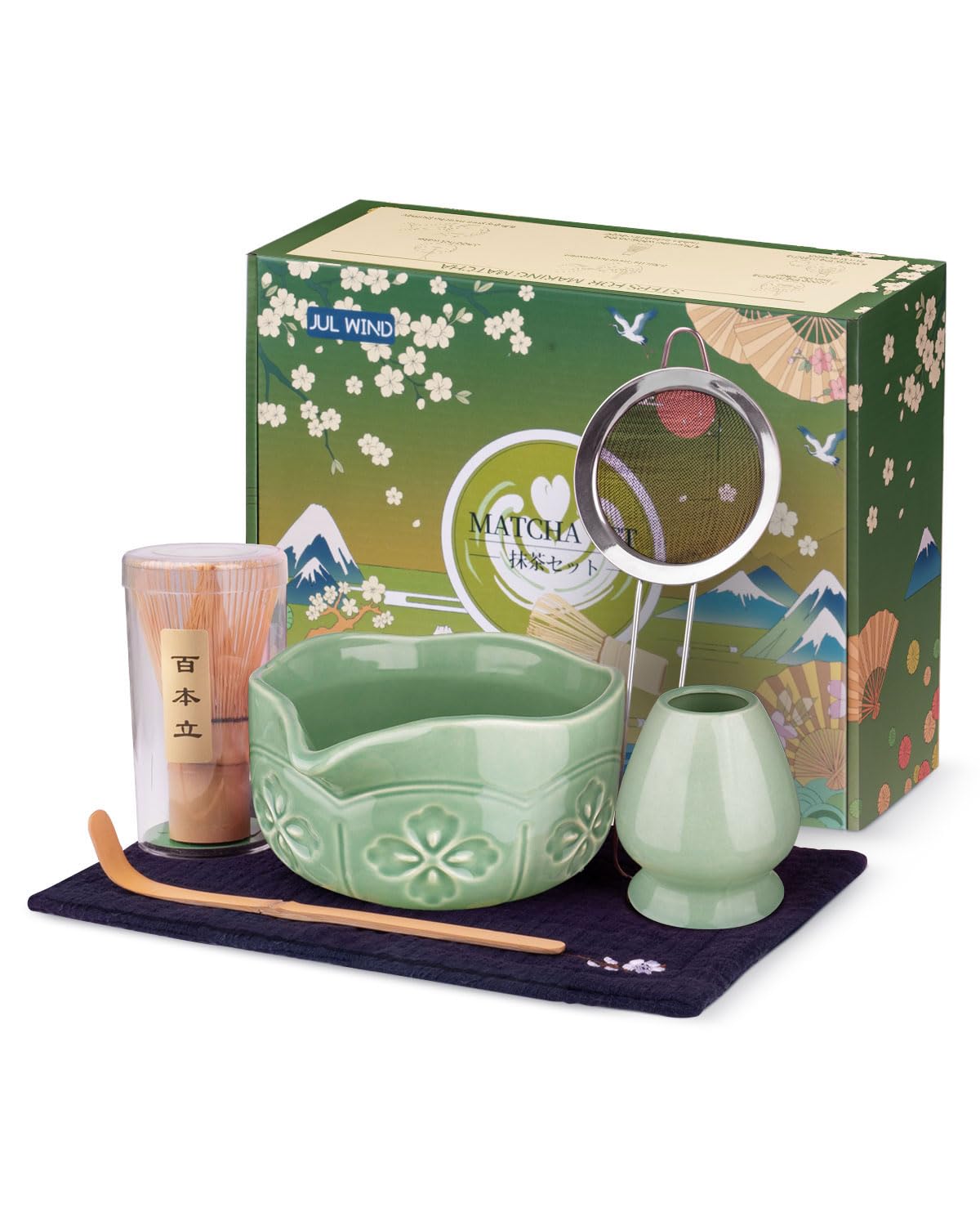 JUL WIND Matcha Whisk Set, Ceramic Matcha Bowl, Bamboo Whisk, Scoop, Sifter, Holder, Tea Towel - 6 Pcs Matcha Kit Gift for Matcha Lovers Beginners (Green)