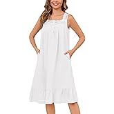 YOZLY Cotton Nightgowns for Women Long Sleeveless Night Gown Victorian Nightdress with Pockets S-XXXL