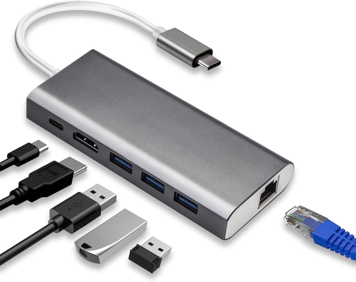 USB C Hub, Aluminum Dongle 6 -in- 1 Adapter, with Gigabit Ethernet Port, 4K HDMI, USB C PD Charging Port, 3 USB 3.0 Ports, for MacBook Air/Pro, Chromebook, and Other Type C Devices: Computers & Accessories