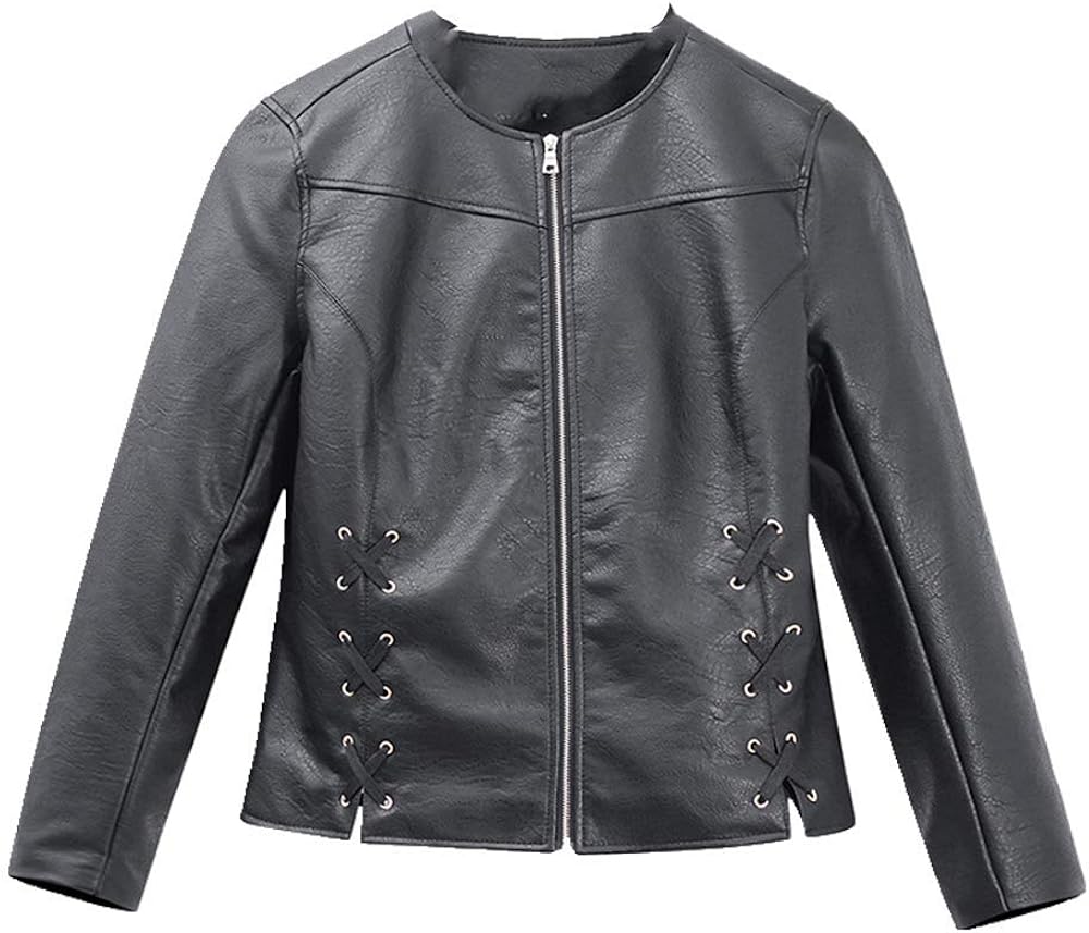 Ladies Leather Jacket Without Collar Decoration line Simple and Neat