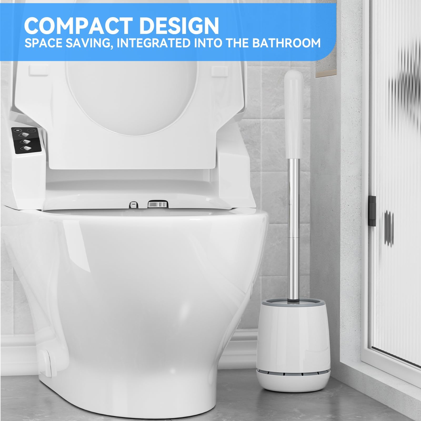 Toilet Brush, Toilet Brush and Holder with 304 Stainless Steel Handle, Space Saving Toilet Bowl Brush for Storage, Durable Bristles Toilet Scrubber for Bathroom Cleaning (1, White)