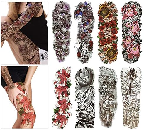 kutrer Fashion Temporary Tattoo Transfer Stickers - 8 Sheets Full Arm Size Tattoo Body Stickers for Man & Women Waterproof Removeable Non-Toxics & Safe for All Skin