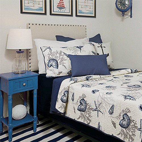 ABREEZE 3Piece Queen Size Blue Ocean Quilt Set Nautical Bedding Set