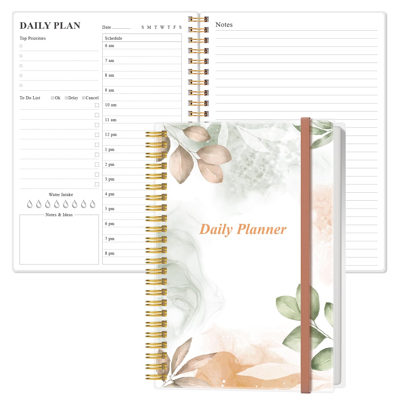 Daily Planner Undated - A5 To Do List Notebook Hourly Schedules, Spiral Appointment Planner for Women and Men, PVC Hardcover, Inner Pocket, Elastic Closure, 5.8" x 8.5", Rose Leaf