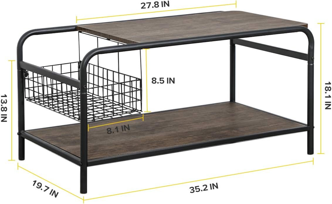 Rustic Coffee Tables with Storage Wood Living Room Tables Industrial Metal Shelf Modern Vintage Sofa Side Tables Cocktail Space Saving Organizer, Walnut Black: Kitchen & Dining