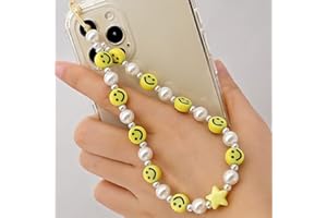 LUSTEMBER Beaded Phone Lanyard Wrist Strap Smiley Face Beaded Handmade Colorful Acrylic Beads Pearl Phone Charm Strap for Women Girls