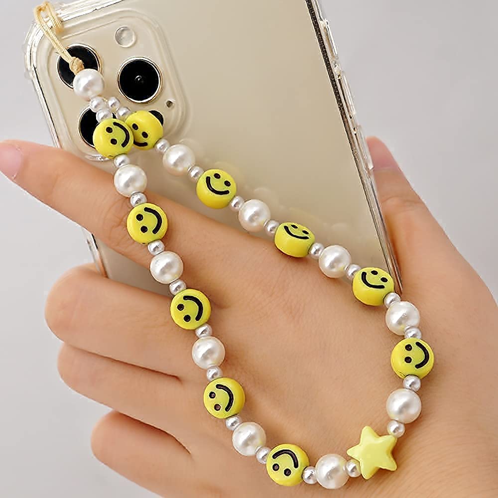 LUSTEMBER Cute Beaded Phone Charm, Smiley Face Wrist Strap, Colorful Handmade Polymer Clay and Pearl Chain