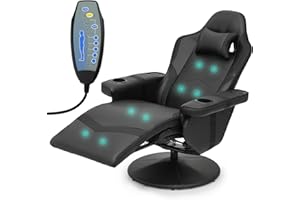 Athena Collection Massage Gaming Chair with Bluetooth Speaker Ergonomic Computer Desk Chair Swivel Office Chair Adjustable Recliner PU Leather Chair w/Footrest Cup Holder Side Pouch Headrest, Black