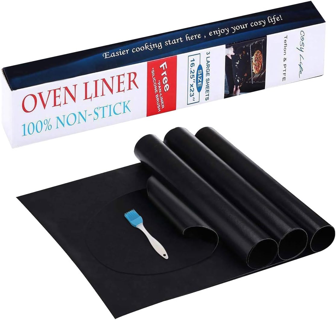 Cosy Life BBQ Grill Mat, Set of 3 Large Baking Mats Non-Stick Teflon Oven Liners Reusable for Electric Grill Gas Charcoal,Work as BBQ Mat,Microwave Mat,BPA & PFOA FREE,Free Liner & Silicone Brush.