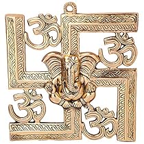 Jaipuri Haat Gold finish Wall Hanging Of Lord Ganesha On Swastik With Om ( 22X24 CM)