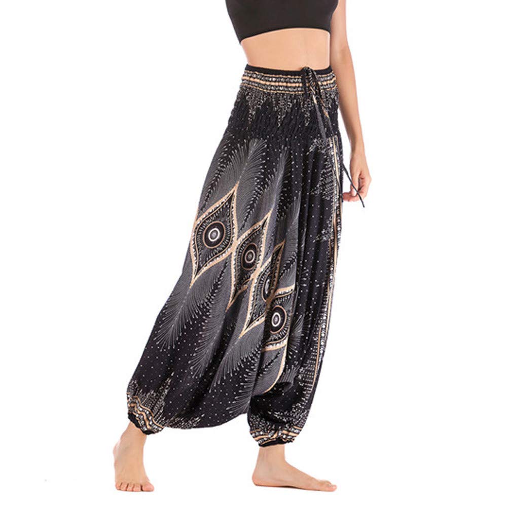 KEEYSUN Men Women Harem Trousers Boho Festival Hippy Smock High Waist Yoga Pants (Black, Free Size)