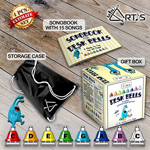 MiniArtis Desk Bells Set for Kids | 8 Notes Diatonic Colorful Metal Hand Bells | Hit on Top Feature | Musical Songbook & Carry Case Included | Great Holiday Birthday Gift for Children