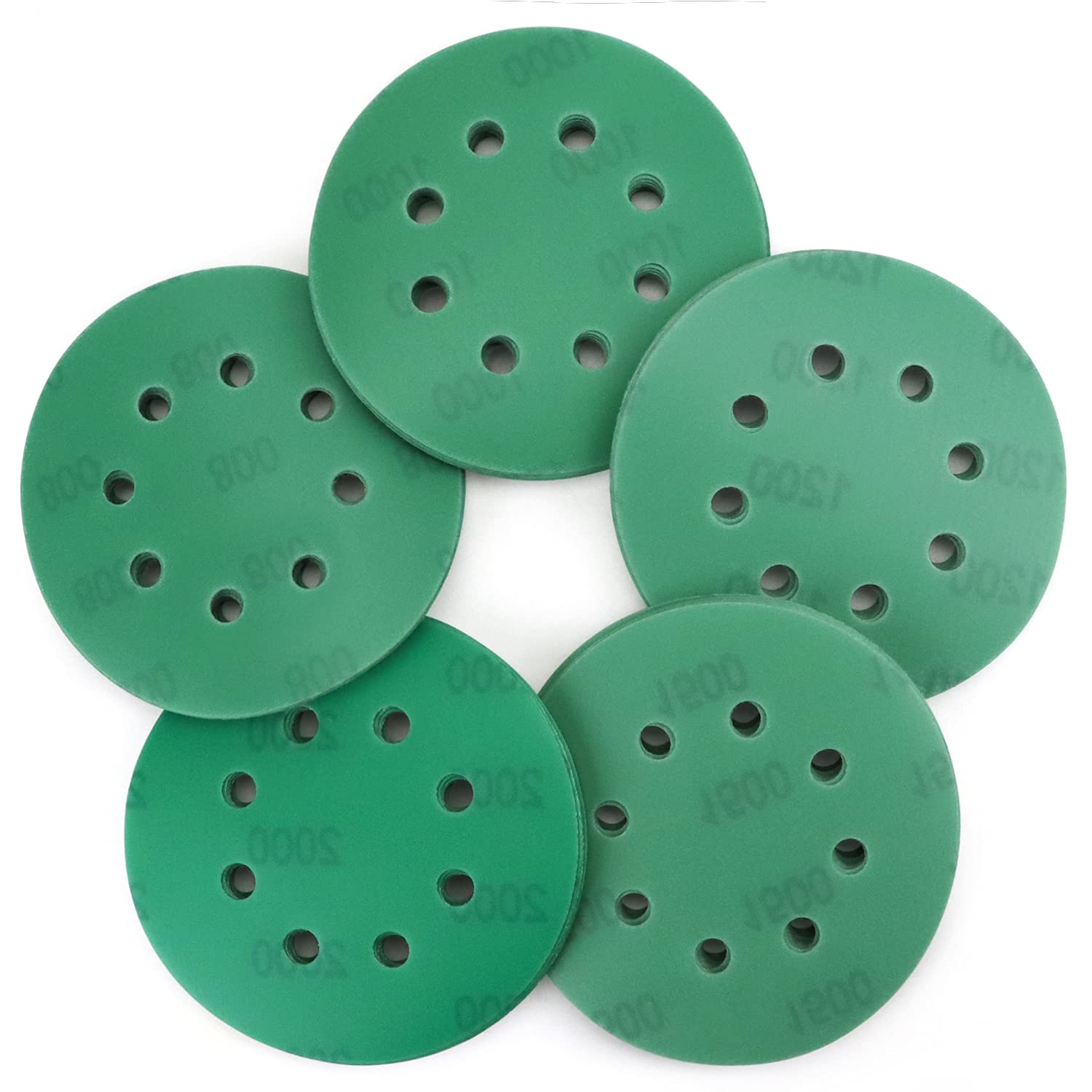 5 Inch Sanding Discs 50Pack 8 Hole Hook and Loop 800/1000/1200/1500/2000 Assorted Fine Grit Wet Dry Green 5” Sanding Disc for Random Orbital Sander Wood Metal Car Plastic Polishing and Finishing