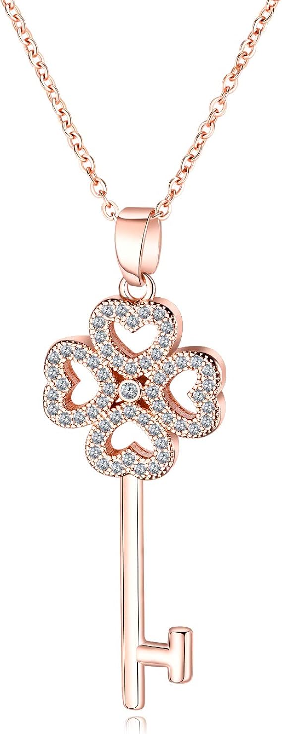 Amazon Rockyu クローバー ネックレス レディース ピンクゴールド ジルコニアｃｚ 鍵モチーフペンダント 仕上げ 鎖骨チェーン 可愛い 女性ネックレス 開運 恋人 誕生日 人気 ギフト ネックレス 通販