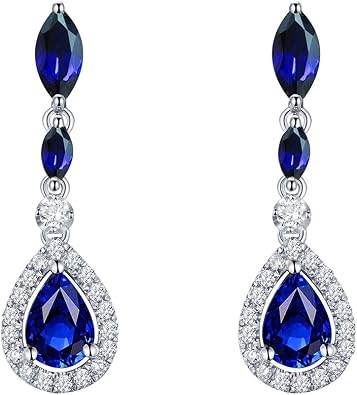 14k White Gold Natural Sapphire Diamond Drop Dangle Earrings for Women
