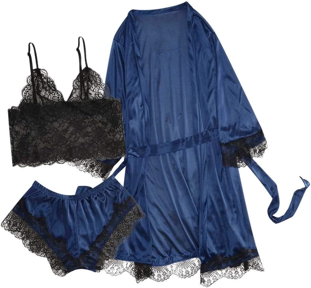 3pc Women's Exotic Chemises Negligees, Camisole Shorts Set Sexy Cami Tops + Lace Bra + Satin Shorts Pajama Sets