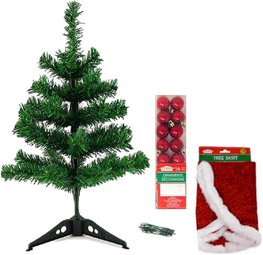 Amazon Com Mini Christmas Tree With Red Tree Skirt And 16 Ornaments Bundle Home Kitchen