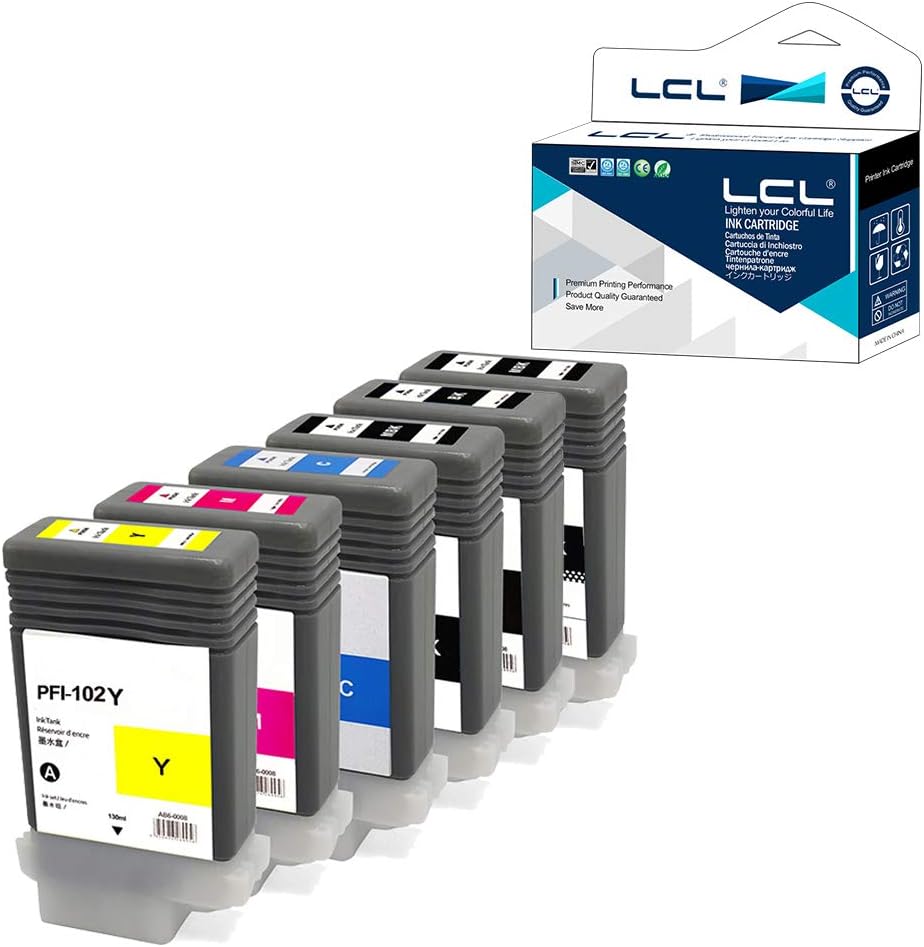 LCL Compatible Ink Cartridge PFI102 PFI-102 PFI-102MBK PFI-102BK PFI-102C PFI-102M PFI-102Y Replacement for Canon imagePROGRAF iPF500 iPF510 iPF600 iPF605 iPF610 iPF650 iPF700 iPF750 iPF760 (6PK)