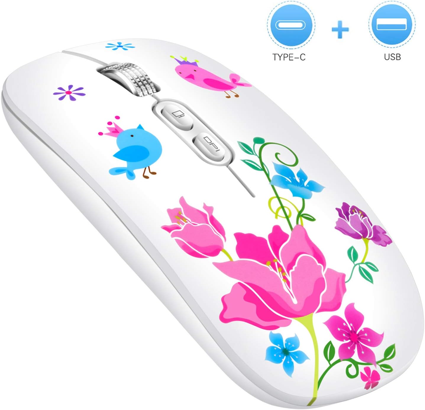 Uciefy U9 Wireless Mouse, Silent Rechargeable Mouse Slim Travel Mice with Type C Receiver for Girls/Kids/Women, Compatible with Chromebook, laptops, MacBook (Flower)